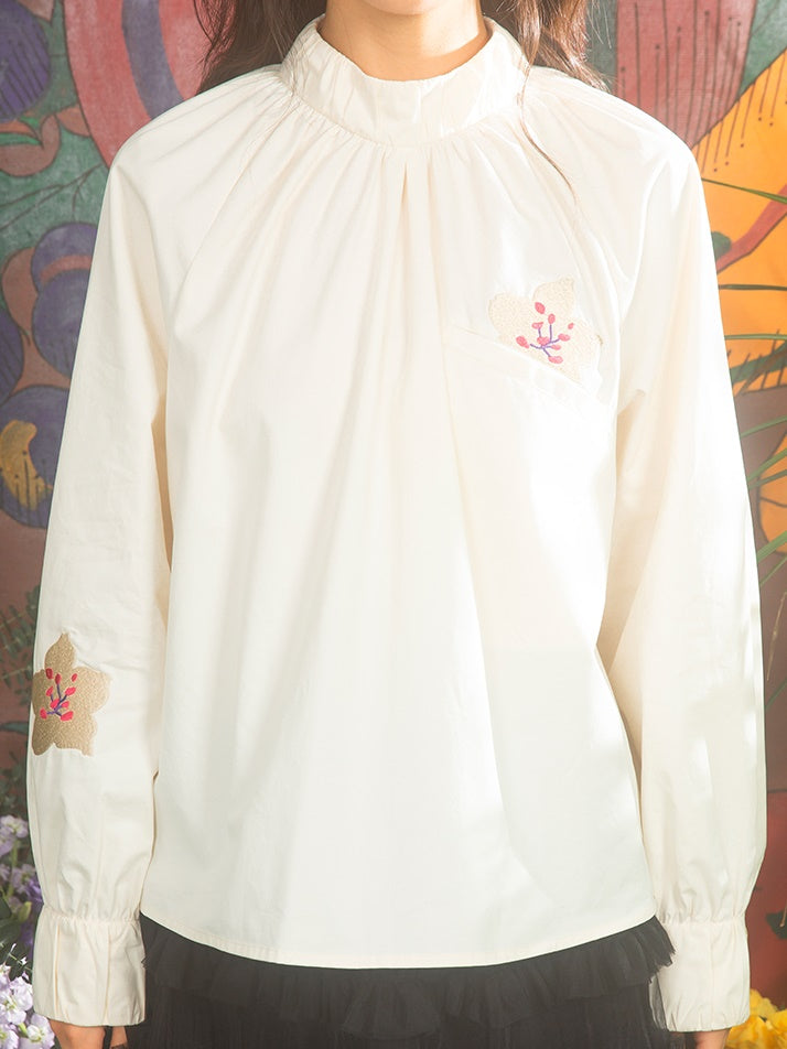 Cherry Blossom Embroidery Bottle-neck Shirt