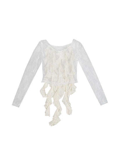 See-through Irregular Lace Long-sleeved Shirt