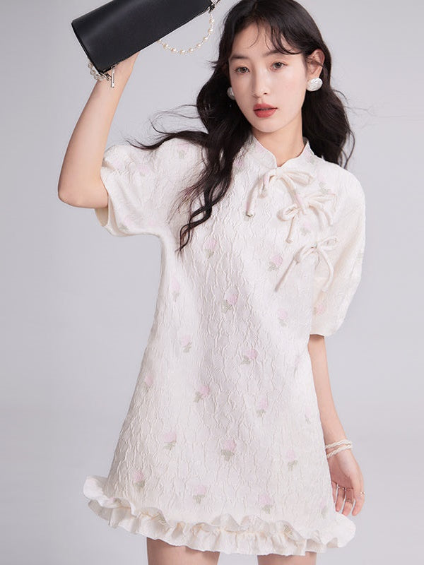 MAO COLLAR JACQUARD BOW DRESS