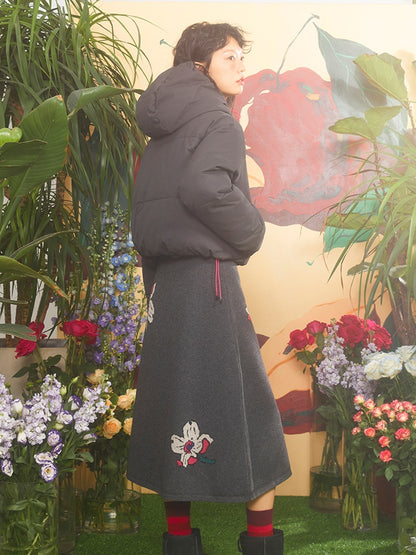 Cherry Blossom Embroidered Stand Collar Hooded Short Coat