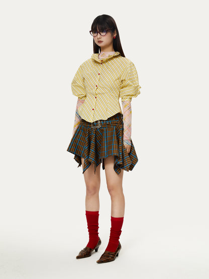 Contrast Plaid Wide Waist Design Irregular Hem Short Skirt