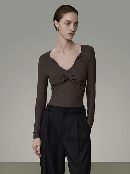 V-neck Sweater Pleated Twist Design Bottoming Shirt