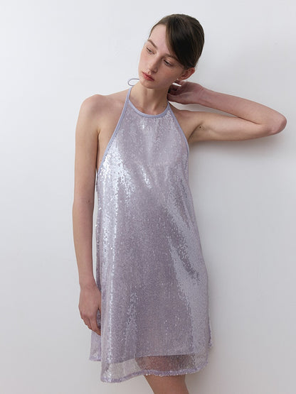 Pearlescent Three-dimensional Sequin Halter Neck Dress