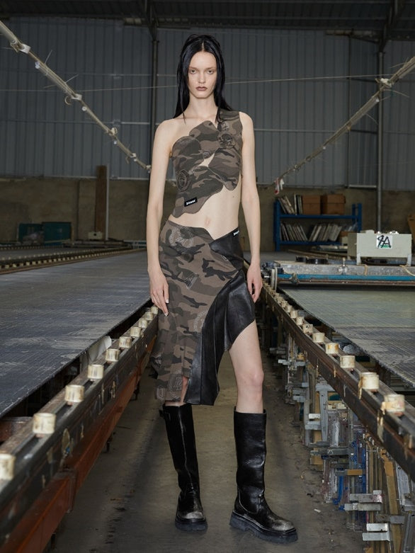 Camouflage &amp; Check Asymmetry Sleeveless Top &amp; Skirt