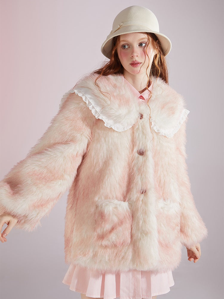 Gradient Double Collar Fur Coat