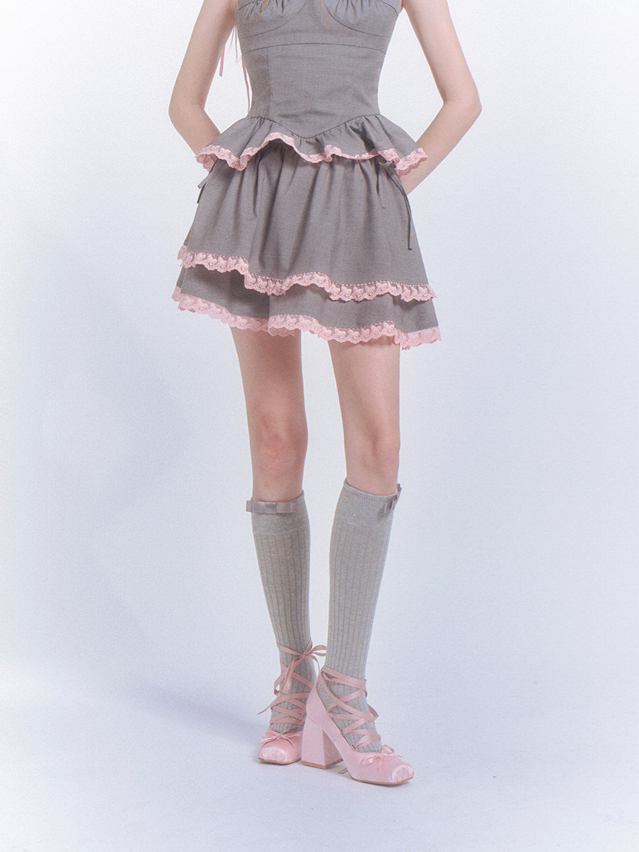 Stitching Lace Pleated Suspenders Top &amp; Cake Skirt