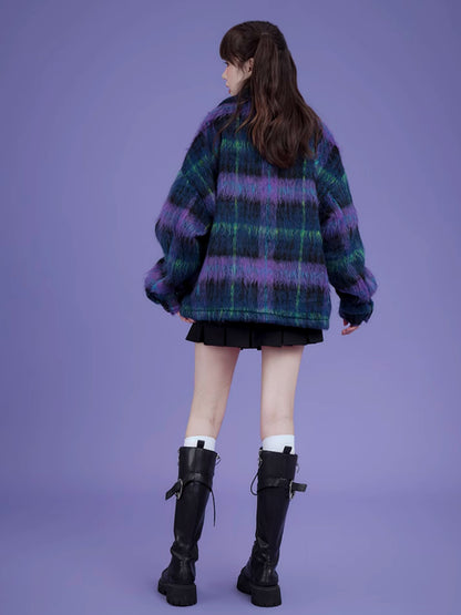 Loose Plaid Long Hair Warm Coat