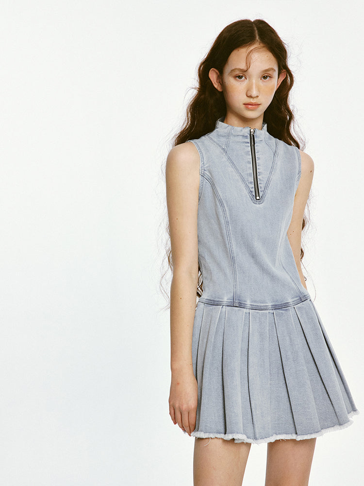 Sleeveless Pleated Denim Dress