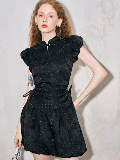 Puff Sleeve Waist Hollowed-out Wrinkled Dress