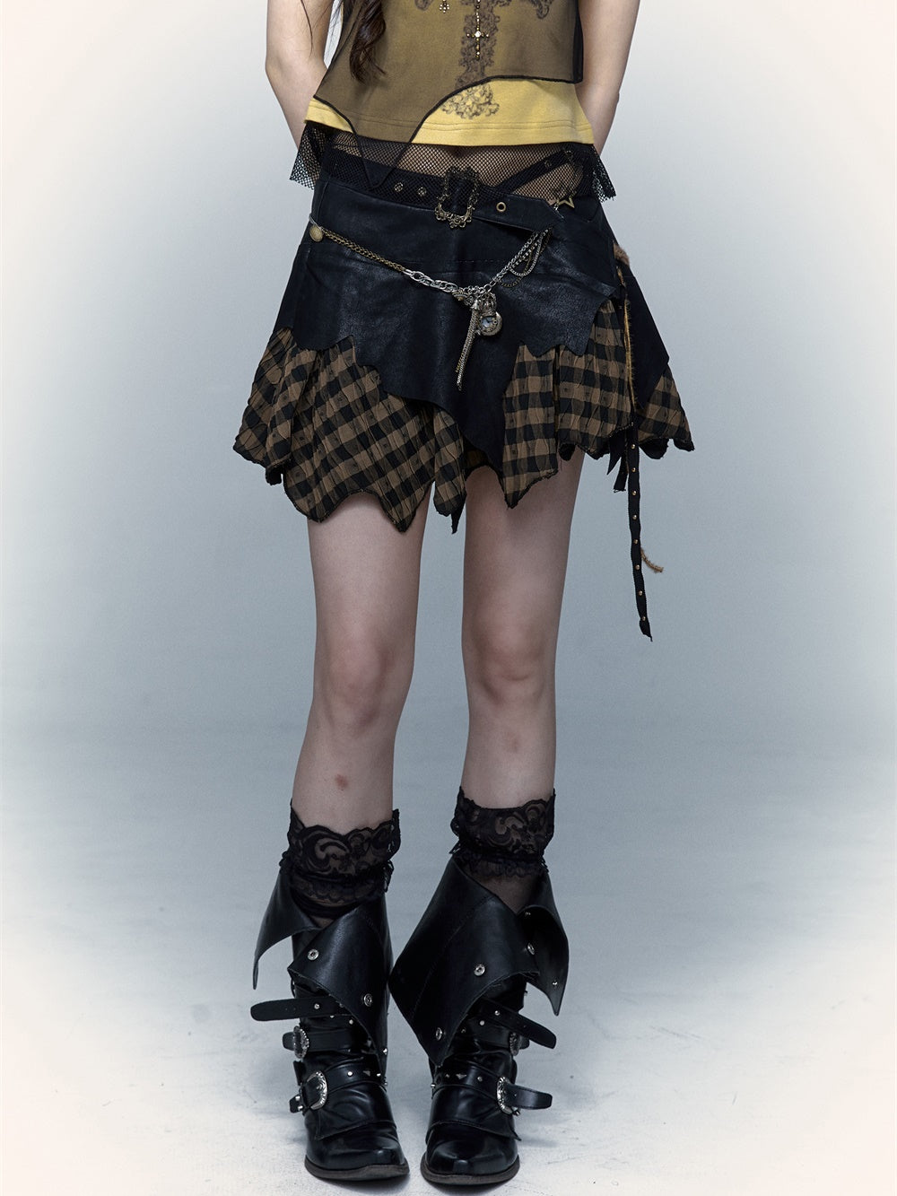 Plaid PU Irregular Patchwork Skirt