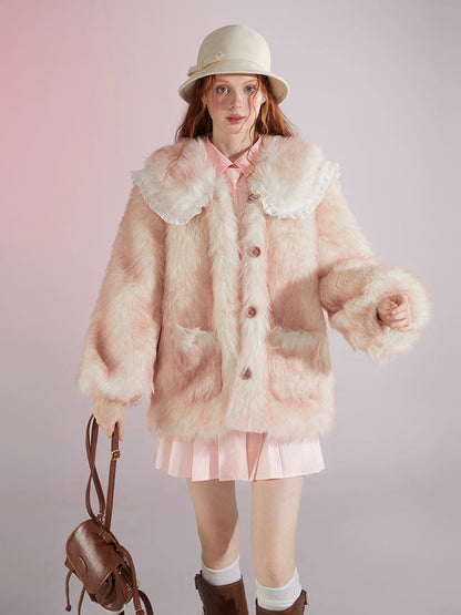 Gradient Double Collar Fur Coat