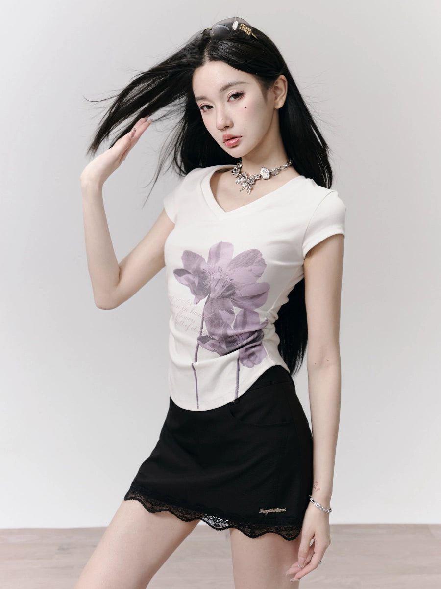 Flower Print V-neck Slim Fit T-shirt