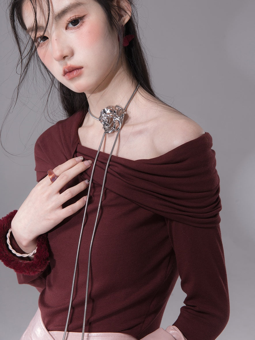 Slanted Shoulder Collar Twisted Sweater