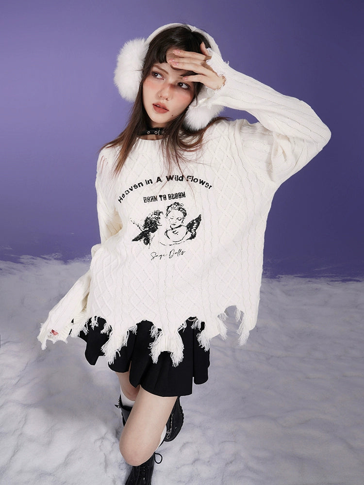 Angel Print Hole Pullover Sweater