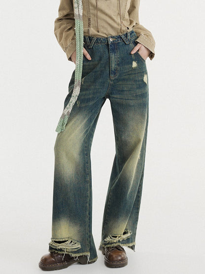 Retro Distressed Wide-leg Jeans