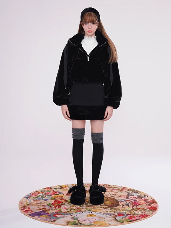 Plush Short Hooded Detachable Jacket &amp; Hip Stitching Skirt