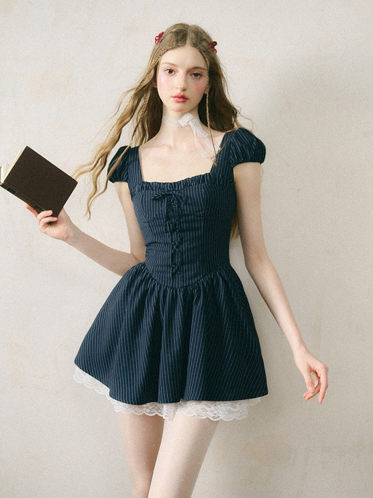 Strappy Bow Lace Striped Puff Sleeve One-piece