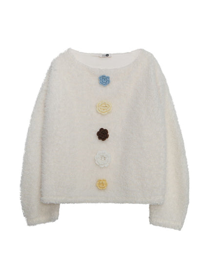 Flower-Motif Retro Sweet Loose Mohair-Knit