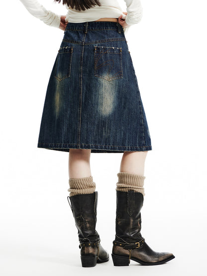 Distressed Washed Denim A-line Mid-length Skirt