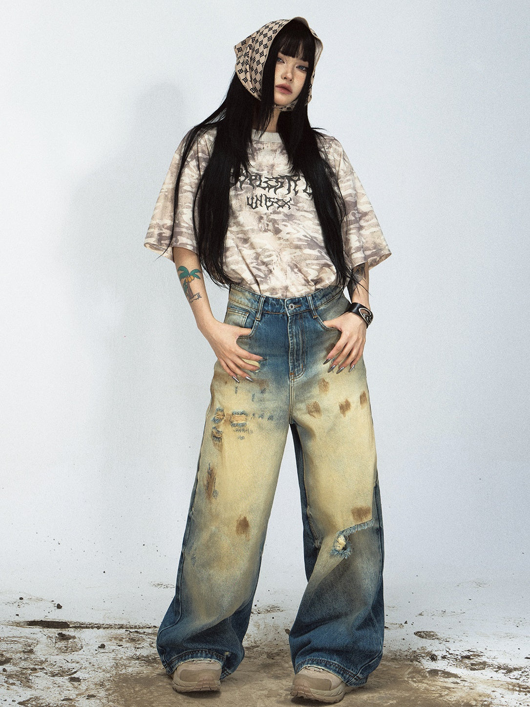 Mud-dyed Ripped Wide Straight Jeans