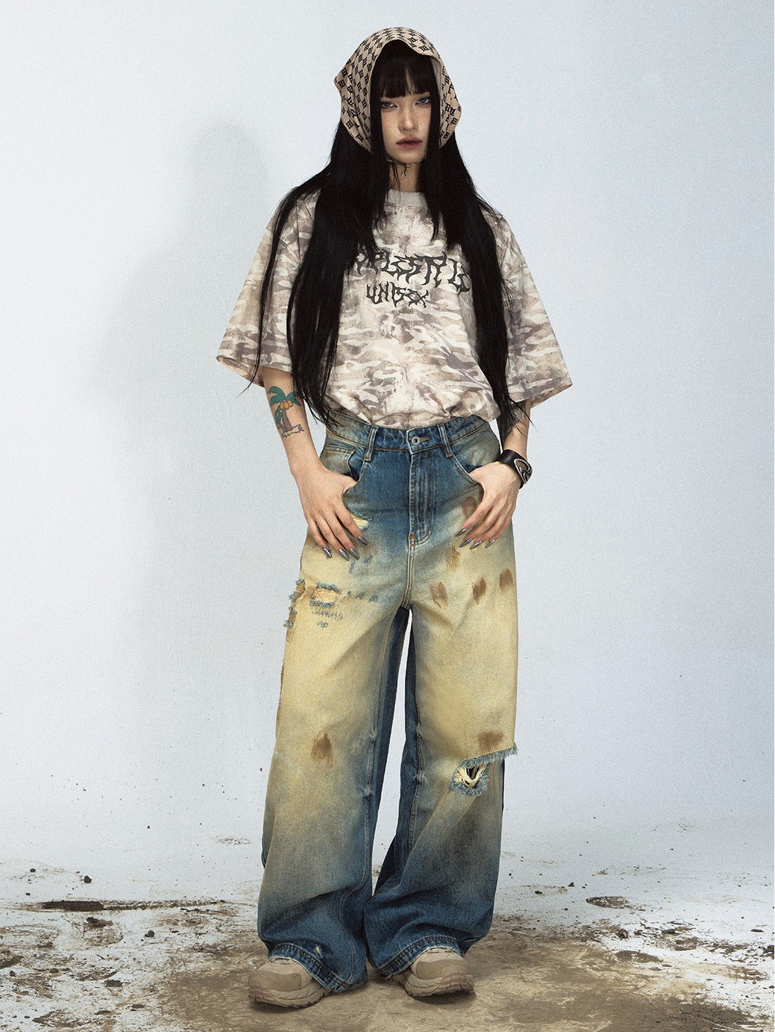 Mud-dyed Ripped Wide Straight Jeans