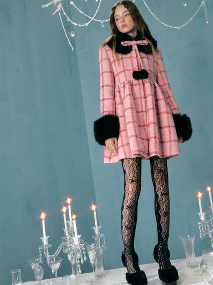 Plaid Fur Collar Detachable Mid-length Coat