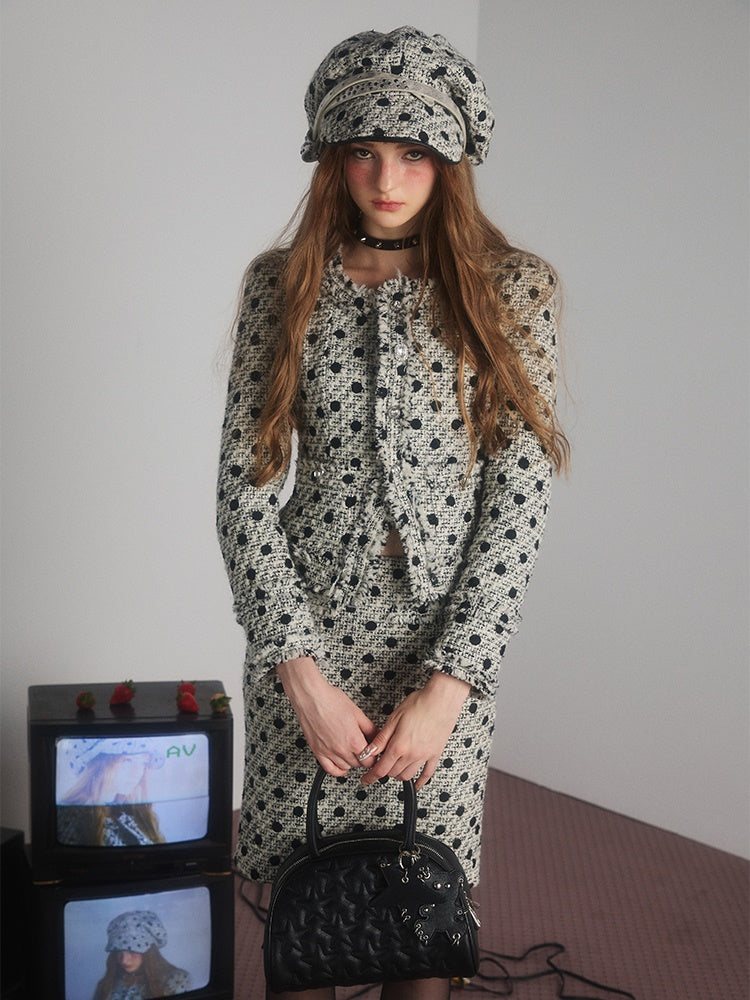 Polka Dot Tweed No-Collar Jacket &amp; Skirt