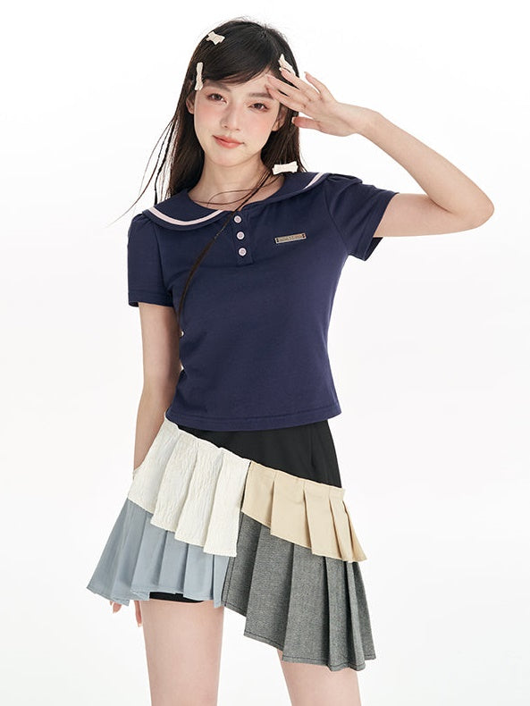 Navy Collar Puff Sleeve T-Shirt