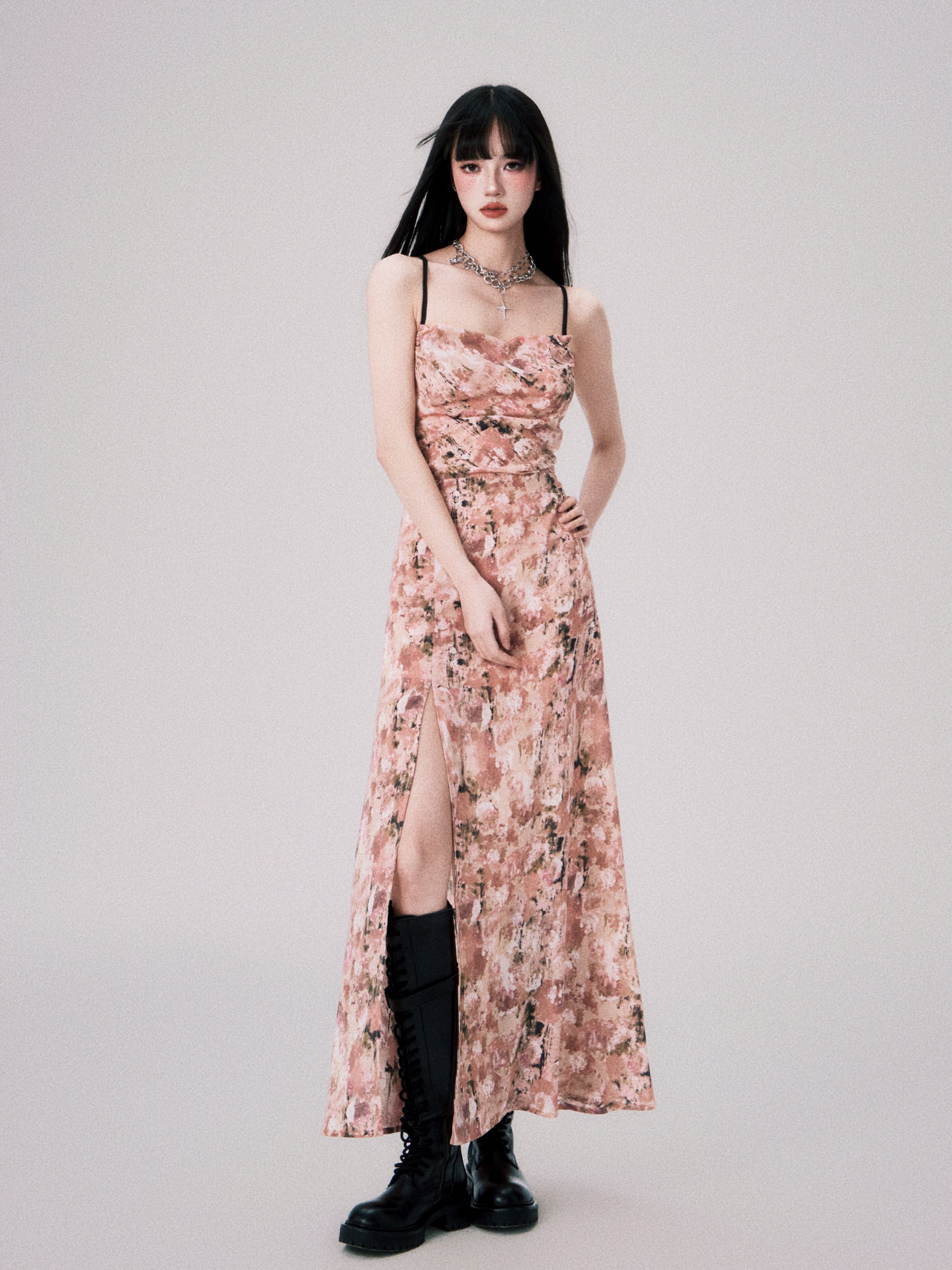 Swing Neck Backless Floral Suspender Dress