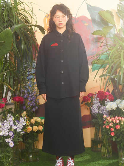 Apple Embroidered Long-sleeved Shirt &amp; Straight Skirt