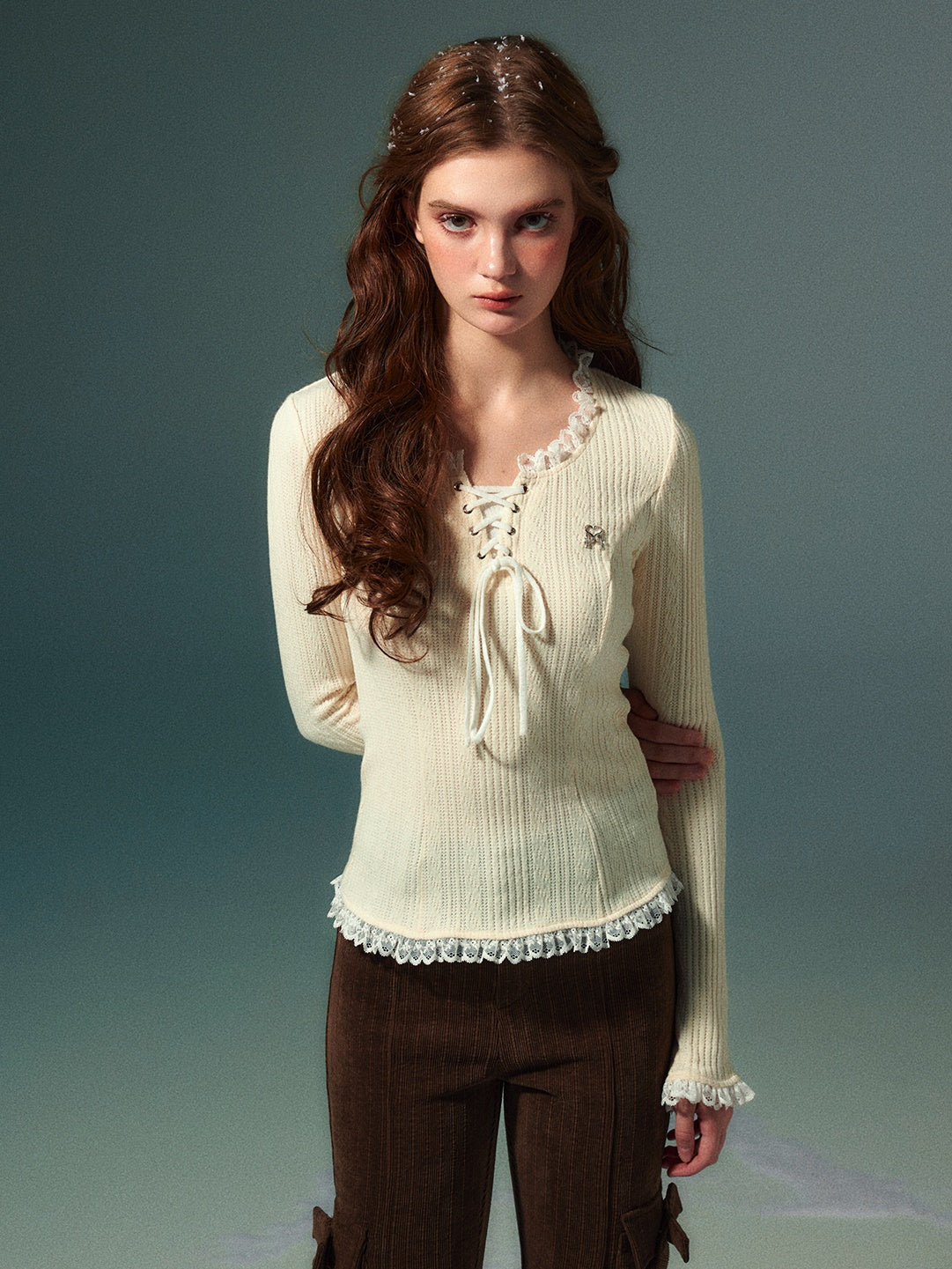 Lace Stitch Knitted Long-sleeved T-Shirt