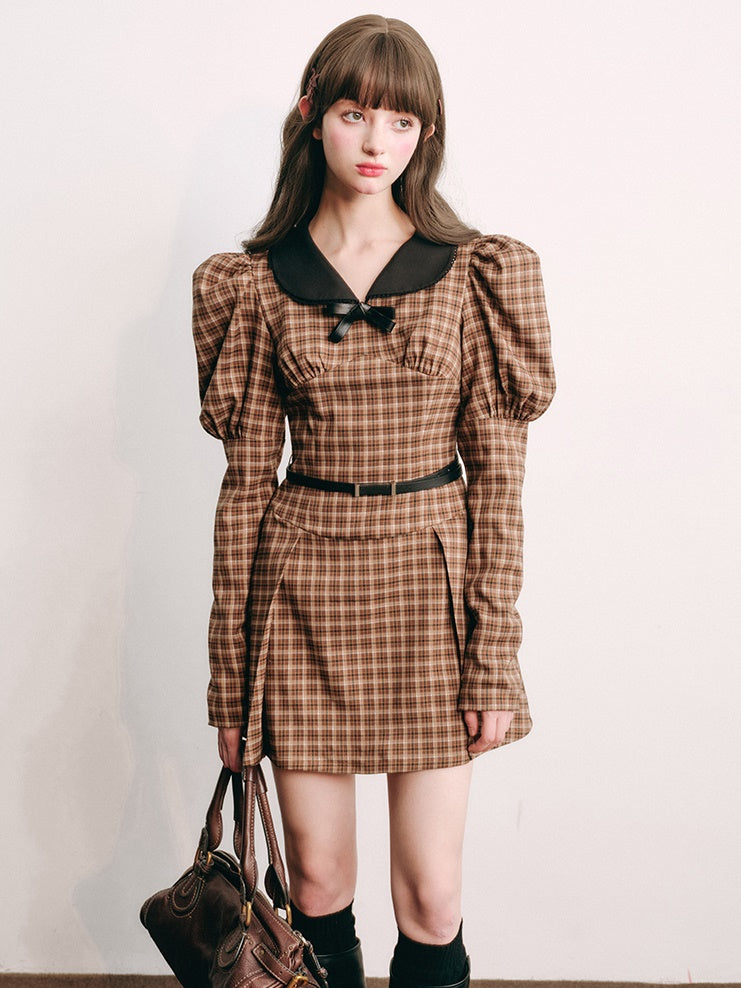 Plaid Retro Bubble Sleeve Kleid