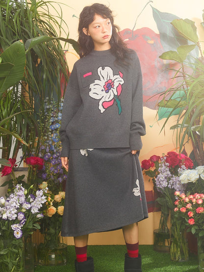 Pull Jacquard en fleur de cerise rétro et jupe tricotée