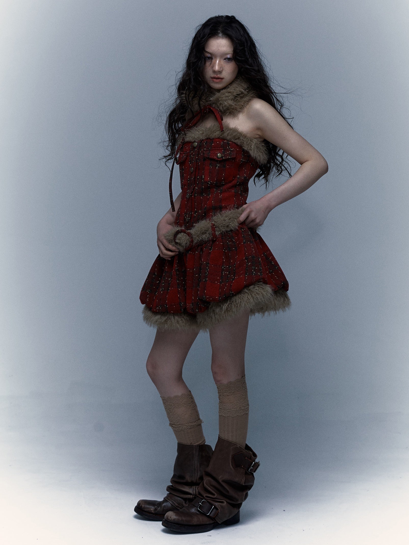 Plaid Splicing Bare Top Suspender Bud Dress