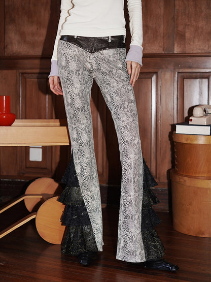 Lace Splicing Snake Pattern Imitation Leather Slim Flare Pants