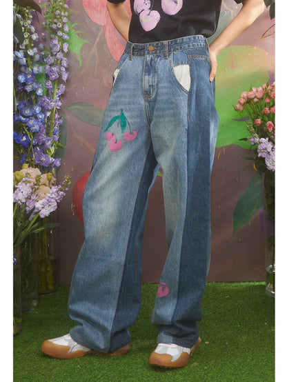 Cherry Print Washed Contrast Stitching Straight Denim Pants