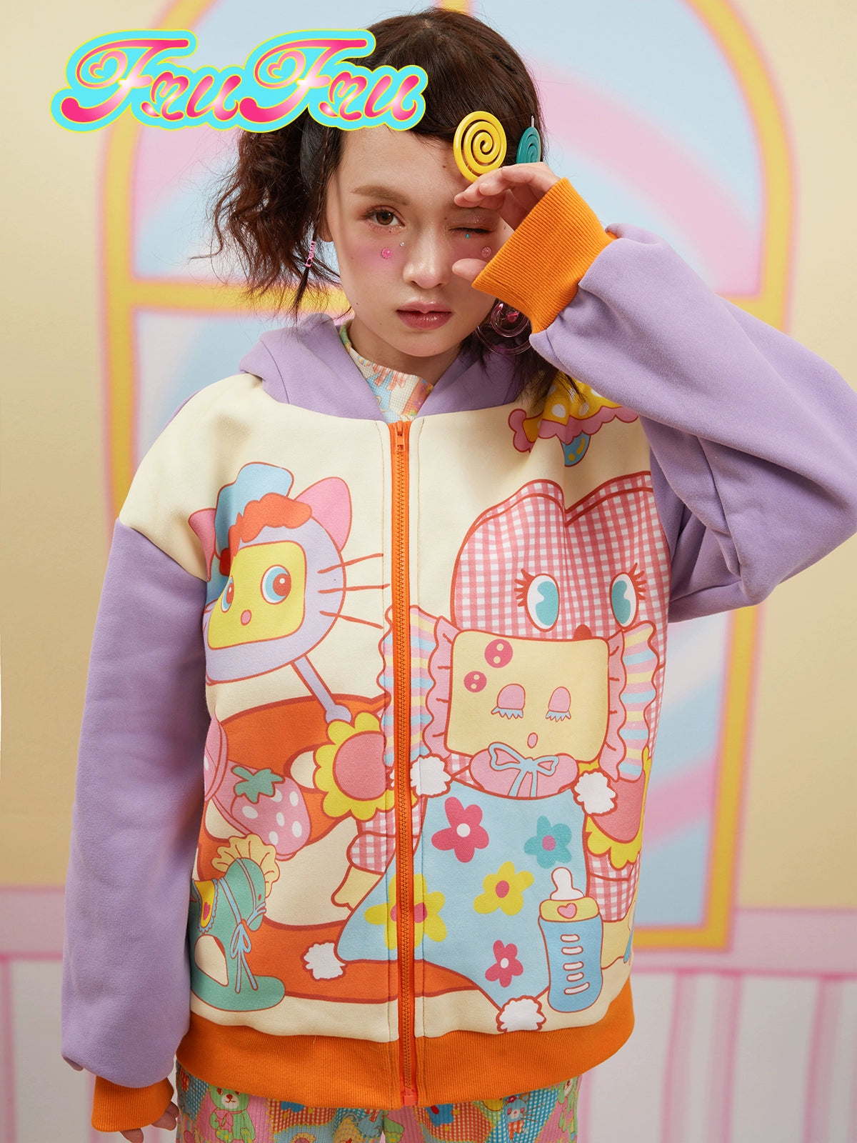 Cartoon Print Plus Velvet Hooded Parka