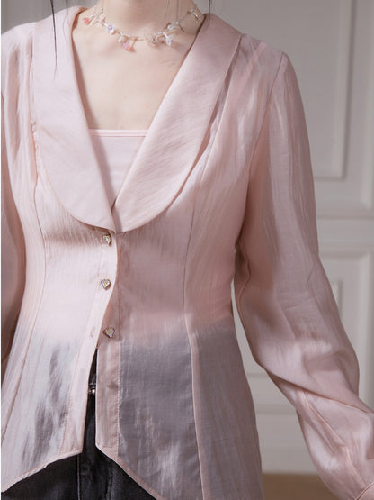 U-neck Shawl Collar Transparent Fishtail Shirt With Camisole