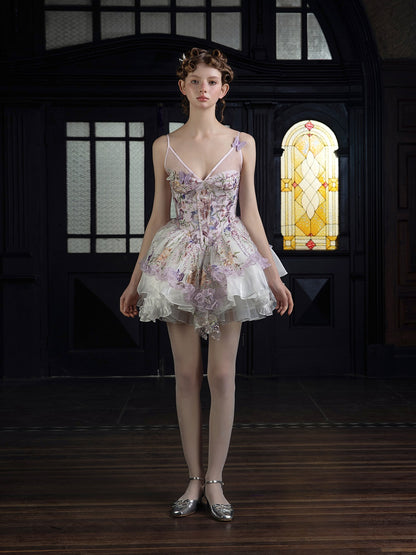 Flower Beading Embroidery Butterfly Strap Layered Dress