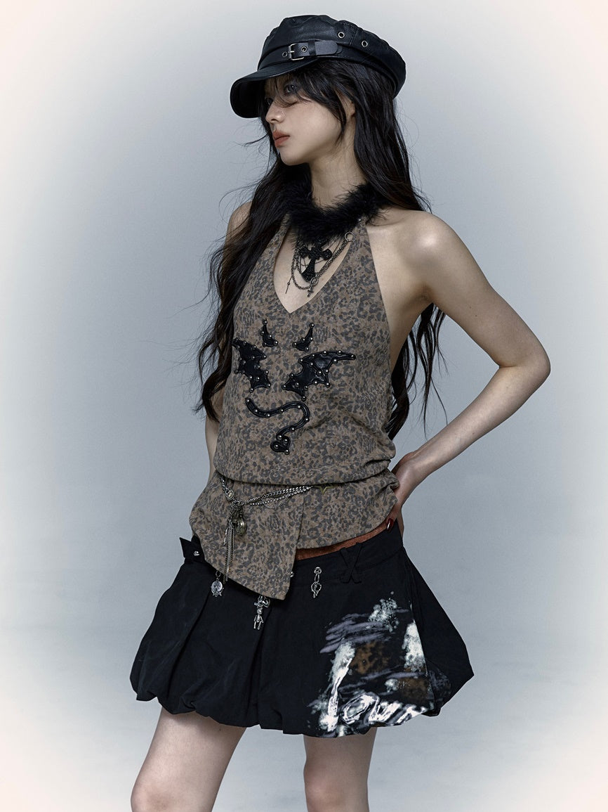 Rivet Devil Embroidery Leopard Print Halter Neck Top