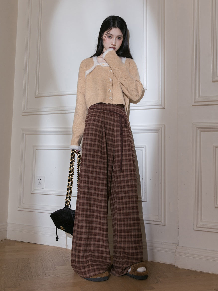 Brushed Plaid Wide Leg Pants