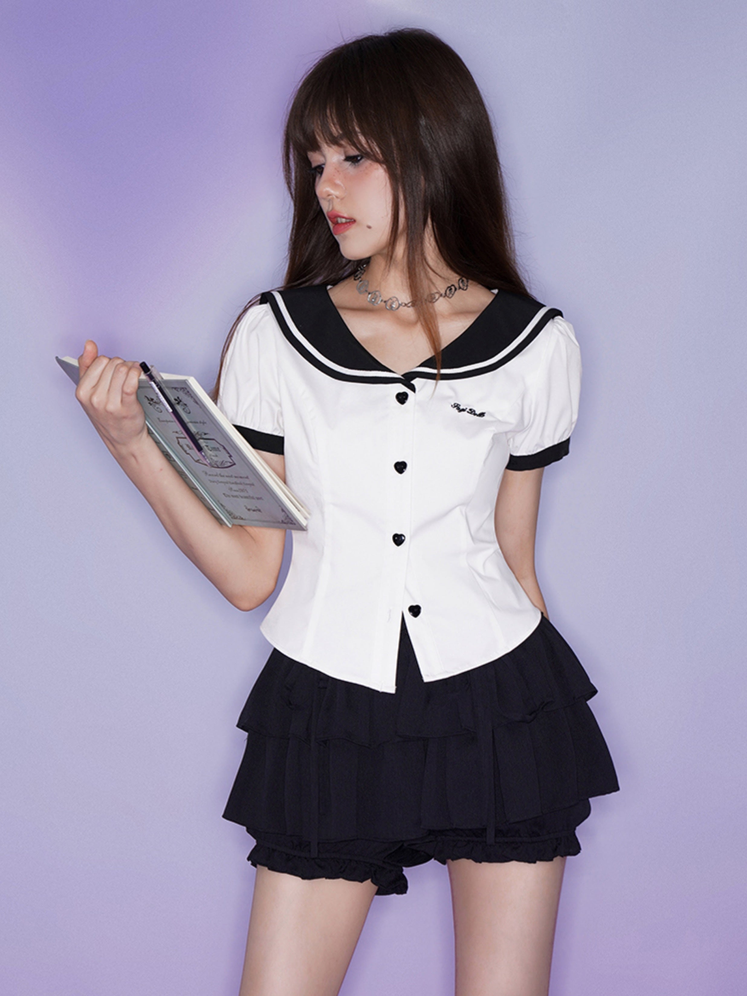 Sailor Collar Puff Sleeve Shirt