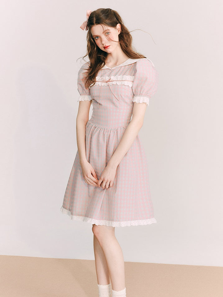 PLAID DOLL COLLAR LACE STITCH ONE-PIECE