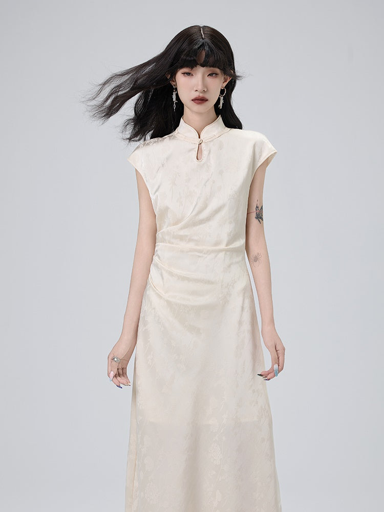 Chinese Style Side Drape French Sleeve Long Dress