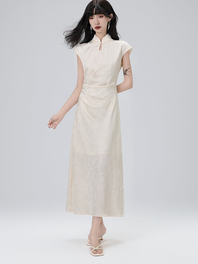 Chinese Style Side Drape French Sleeve Long Dress