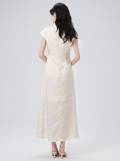 Chinese Style Side Drape French Sleeve Long Dress