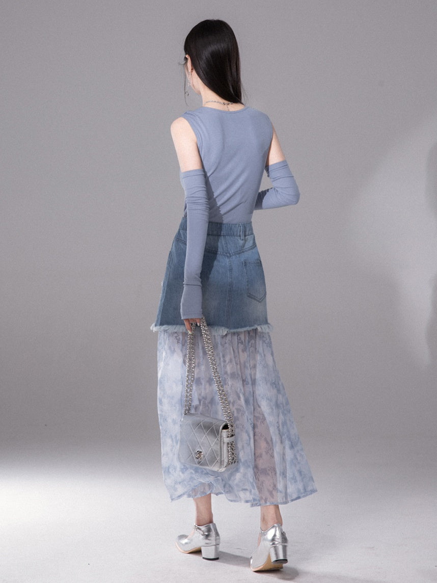 Denim Splicing Smudged Yarn Skirt