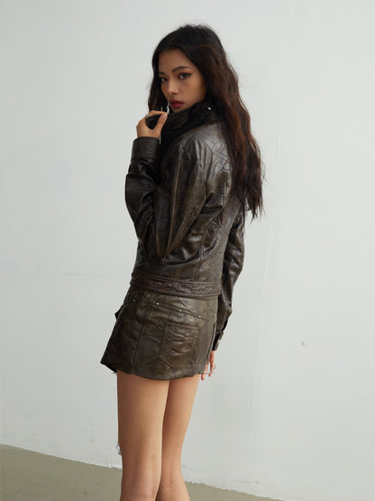 Wrinkled Texture Imitation Leather Slim Jacket