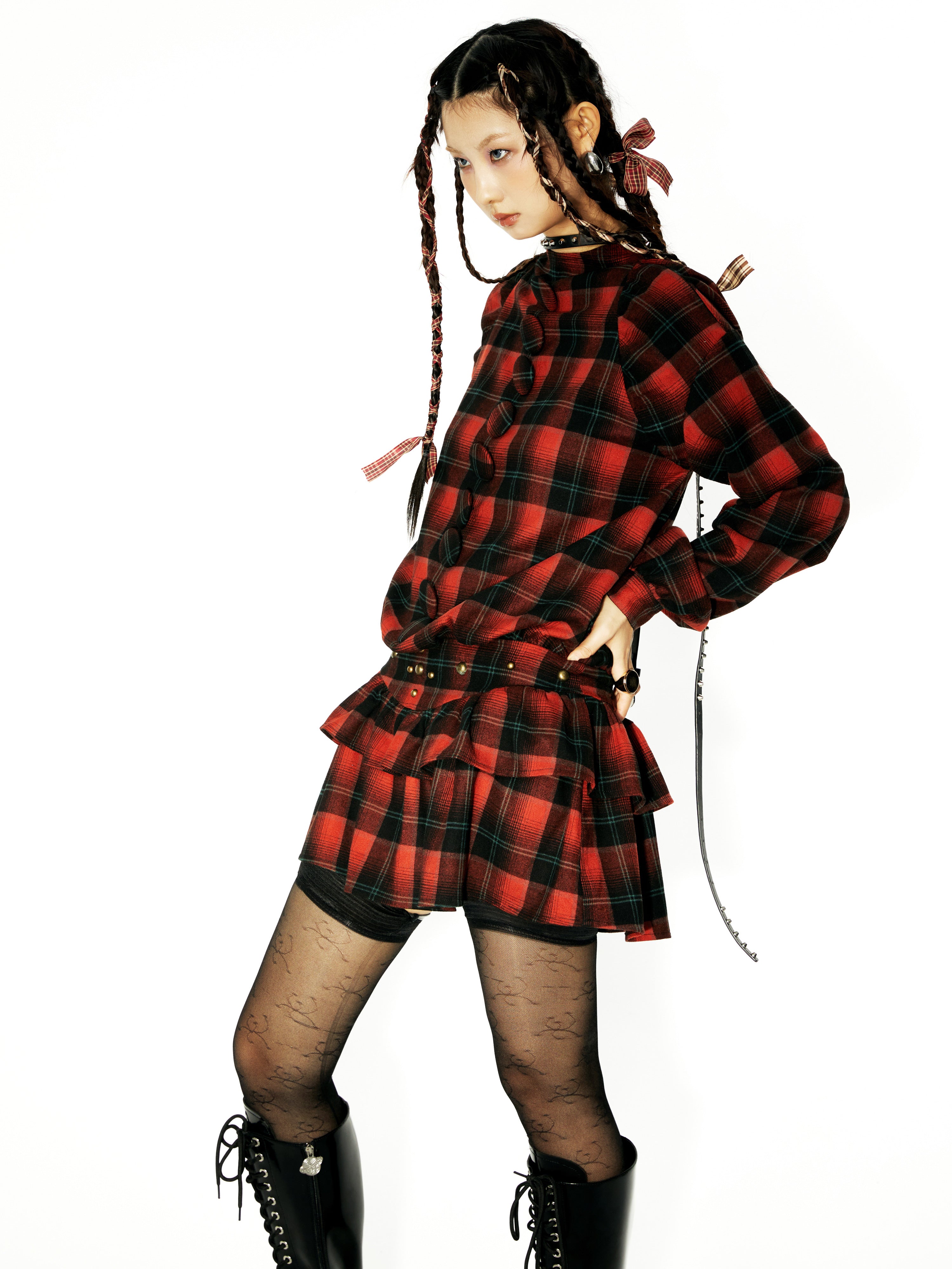 Plaid Big Button Low-Waist Switching Cake Dress