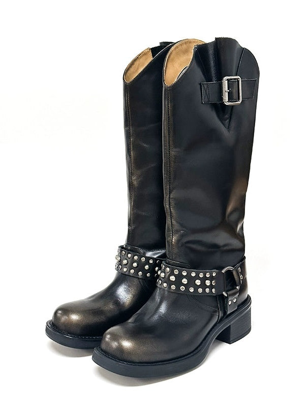 Rivet Square-toe High Boots